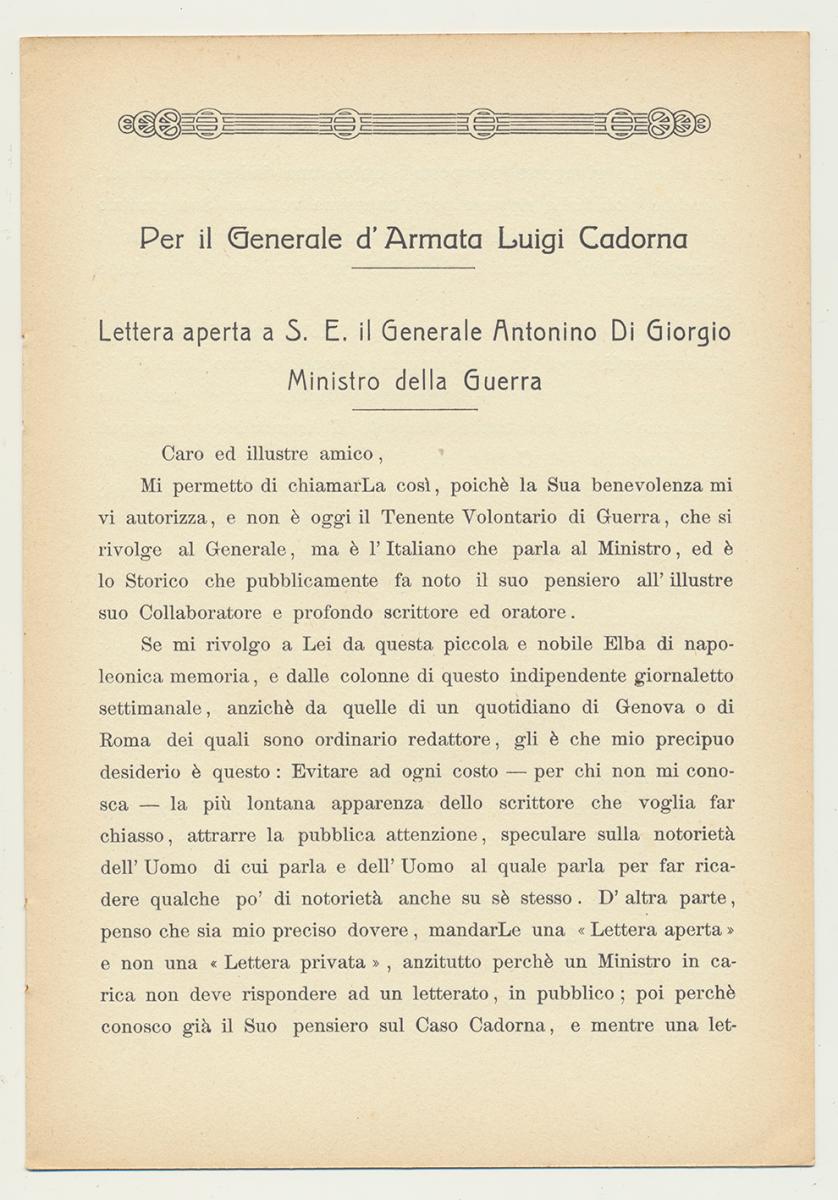 PER IL GENERALE D'ARMATA LUIGI CADORNA. Alberto Lumbroso. 1924