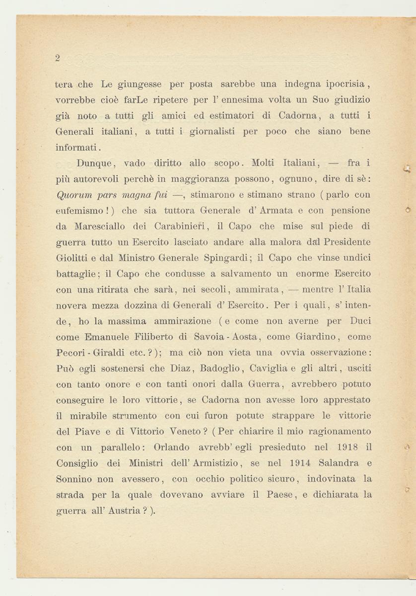 PER IL GENERALE D'ARMATA LUIGI CADORNA. Alberto Lumbroso. 1924