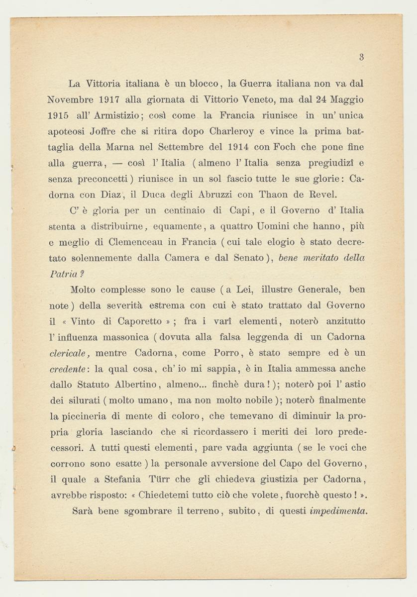 PER IL GENERALE D'ARMATA LUIGI CADORNA. Alberto Lumbroso. 1924