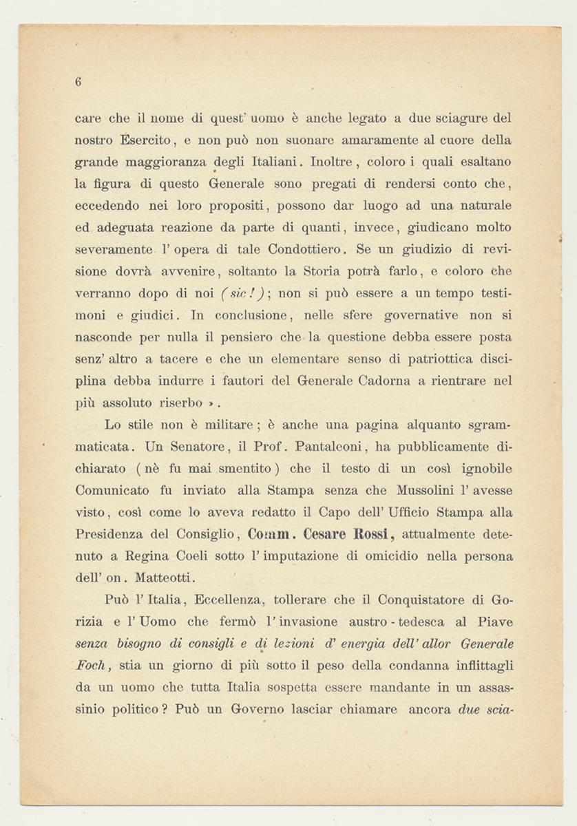 PER IL GENERALE D'ARMATA LUIGI CADORNA. Alberto Lumbroso. 1924