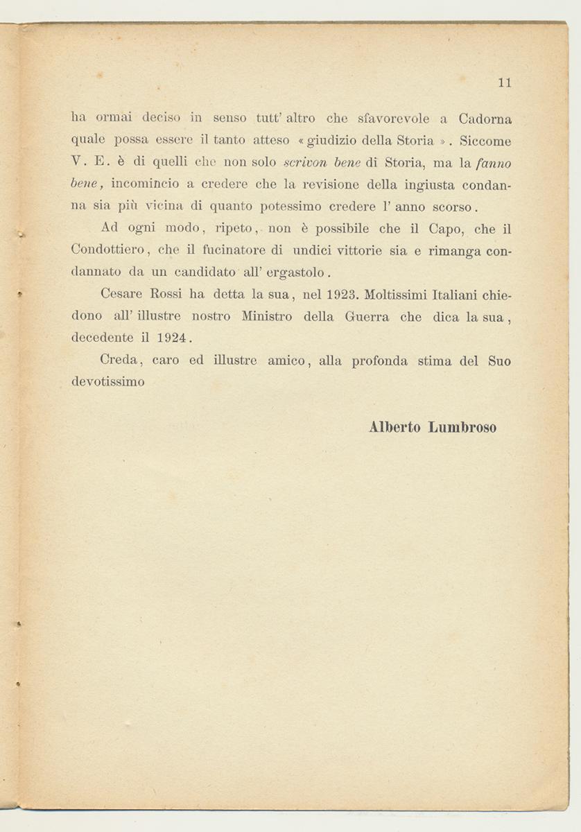 PER IL GENERALE D'ARMATA LUIGI CADORNA. Alberto Lumbroso. 1924