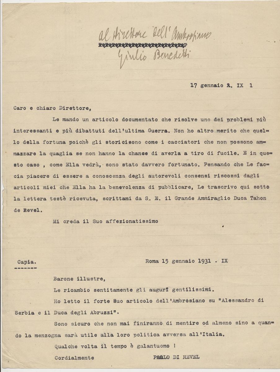 Alberto Lumbroso a Giulio Benedetti. 17 gennaio 1931