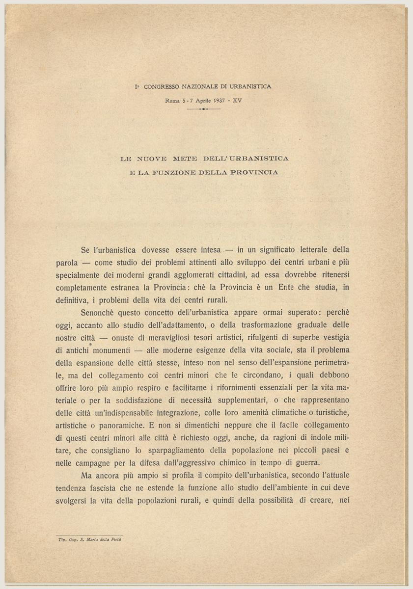 Congresso Nazionale di UrbanisticaLe Nuove Mete dell'Urbanistica. 1937 