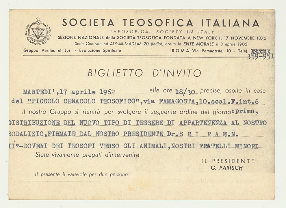 Società Teosofica Italiana,  invito Luigi Marziani, 1962